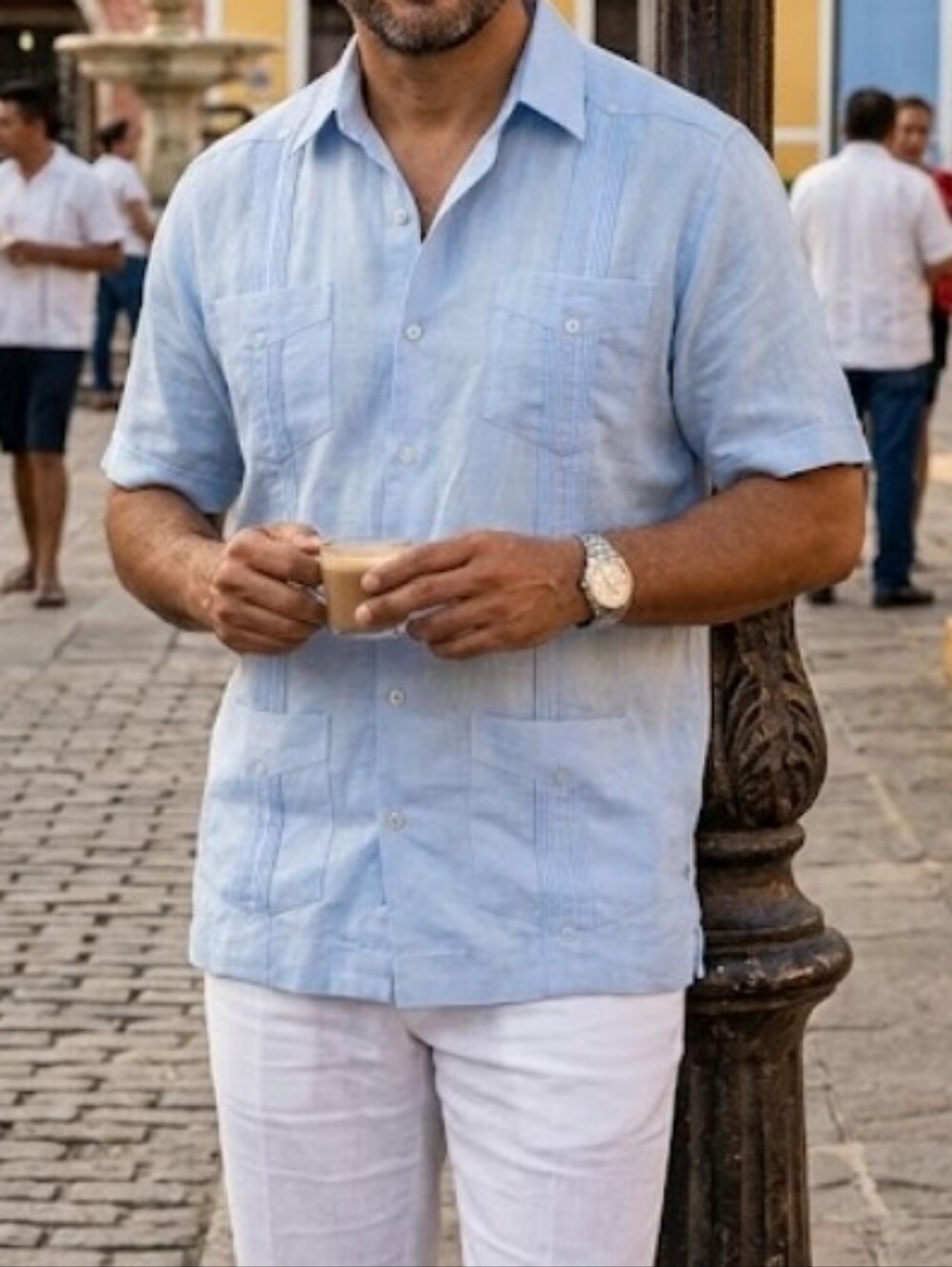 Men’s Light Blue Guayabera-Style Short Sleeve Button-Down Shirt